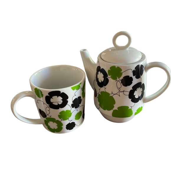 Stackable Teapot And Cup Set Bold Modern Flower Power Stir Gift Navy Blue Green - Picture 5 of 13